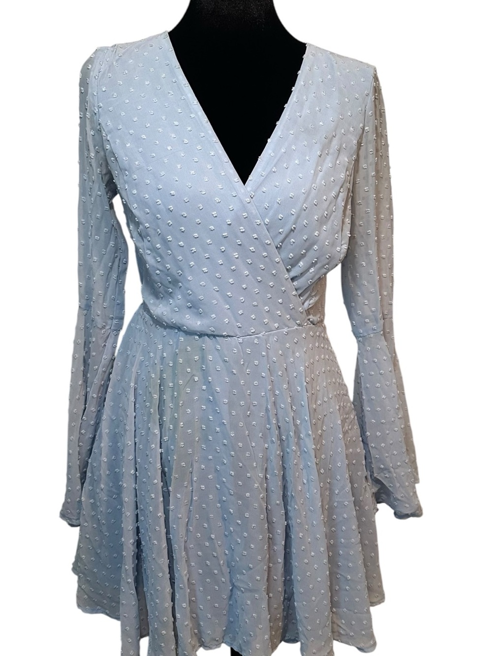 Altar'd State Light Blue Long-Sleeve Swiss Dot Wrap Dress